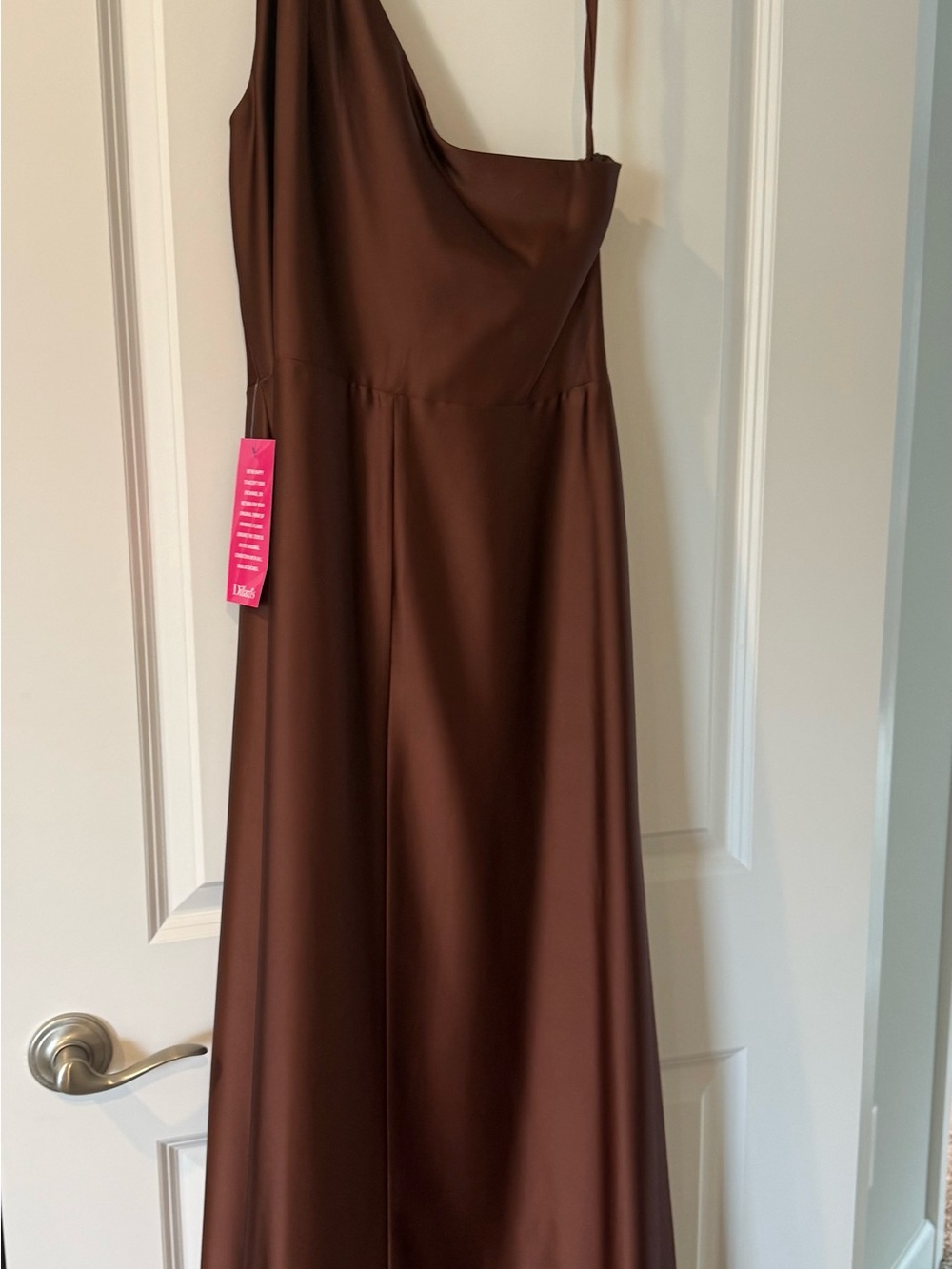 Alex Marie One-Shoulder Brown Satin Evening Gown
